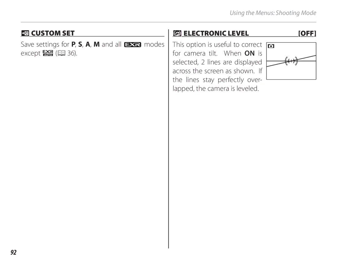 FujiFilm 16286187 owner manual  Custom Set, Save settings for P, S, A, M and all O modes except RP 36, 2ELECTRONIC Level 